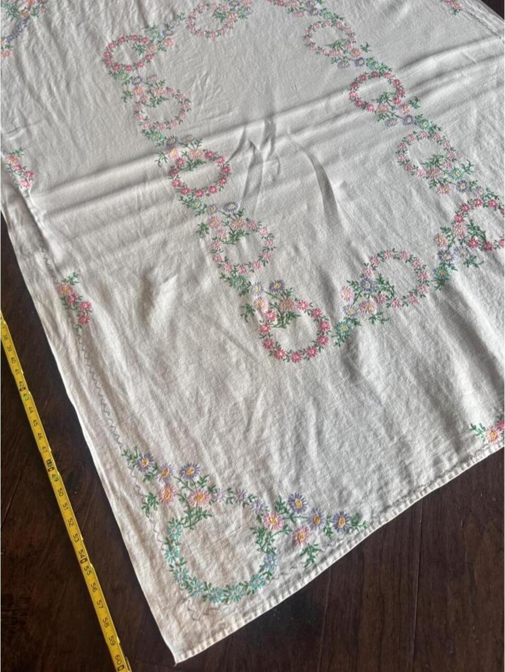 Vintage Hand-Embroidered Linen Floral Tablecloth 62 x 48